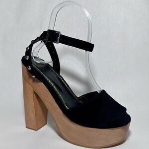 Maje Flash Studded Suede Platform Peep Toe Sandals in Black